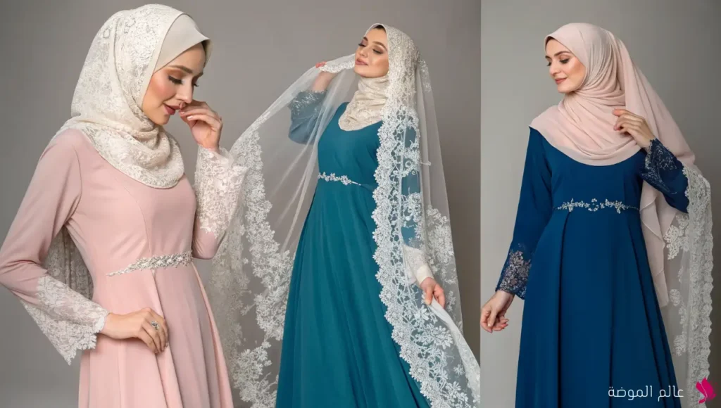 فساتين سواريه محجبات بسيطه مزينة بالدانتيل فساتين سواريه محجبات بسيطه مزينة بالدانتيل