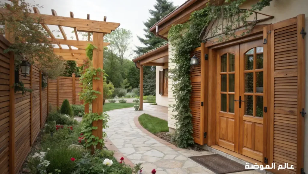 ديكور خشبي خارجي أنيق للحدائق والبلكونات: تصاميم طبيعية لجلسات خارجية مريحة وعصرية ديكور خشبي خارجي أنيق يشمل جلسة حديقة مغطاة ببرجولا خشبية وأرضيات من الخشب الطبيعي