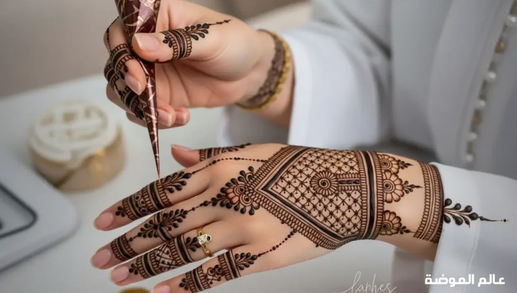 نقوش حناء إماراتية حديثة تمزج بين الأصالة والعصرية يد امرأة إماراتية مزينة بنقوش حناء حديثة وناعمة