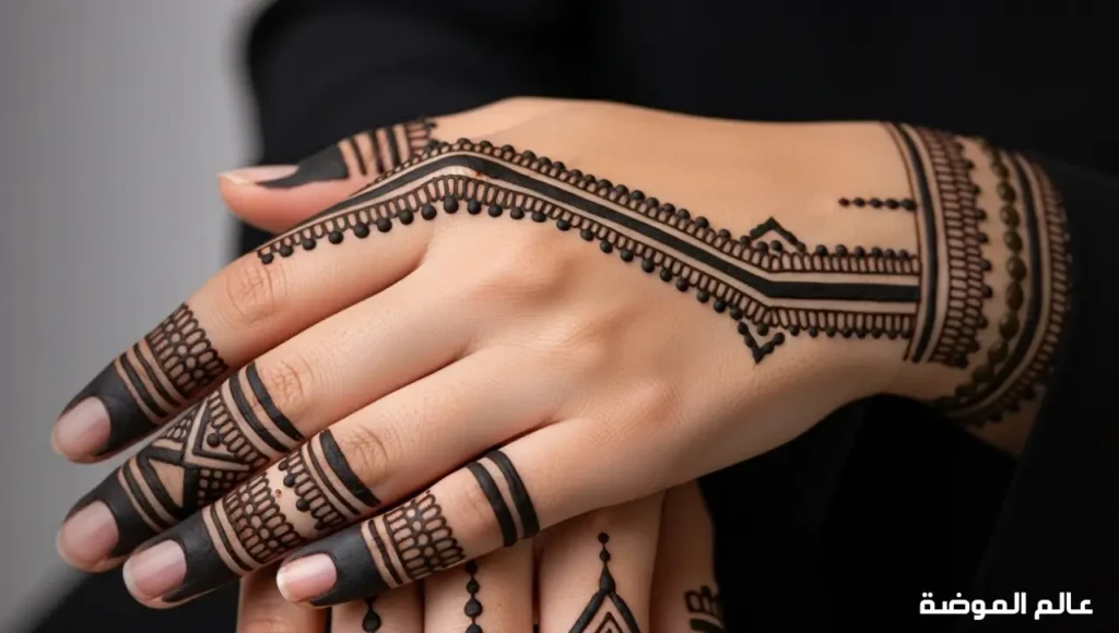 نقش حناء إماراتي مميز مقارنة بالنقوش الخليجية الأخرى يد إماراتية مزينة بنقوش حناء تقليدية متوازنة