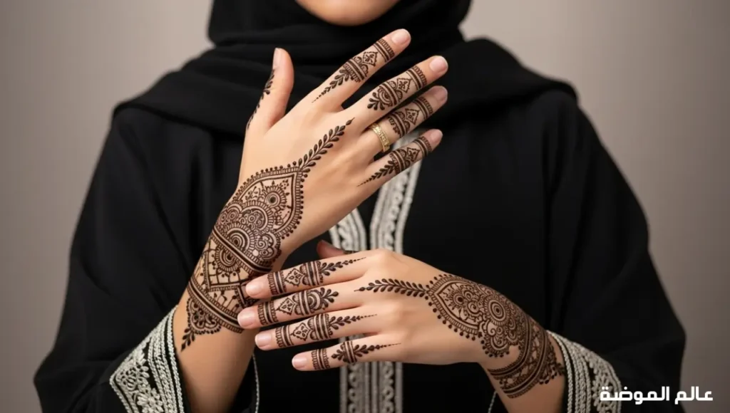 نقش حناء إماراتي يجمع بين التراث والموضة الحديثة امرأة إماراتية مزينة بنقوش حناء عصرية وأنيقة