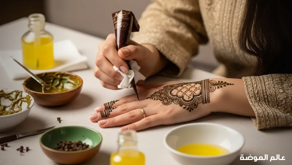 دليل خطوة بخطوة لعمل نقش حناء إماراتي في المنزل امرأة إماراتية ترسم نقش حناء على يديها بالمنزل