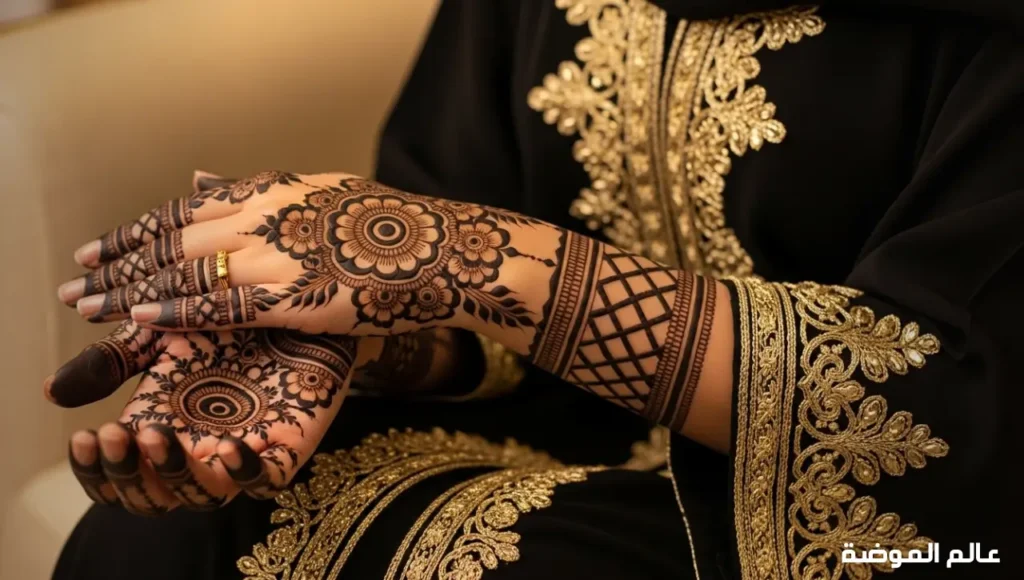 نقش حناء إماراتي عريض بتصميم فخم يلائم العرائس يد امرأة إماراتية مزينة بنقش حناء عريض فاخر