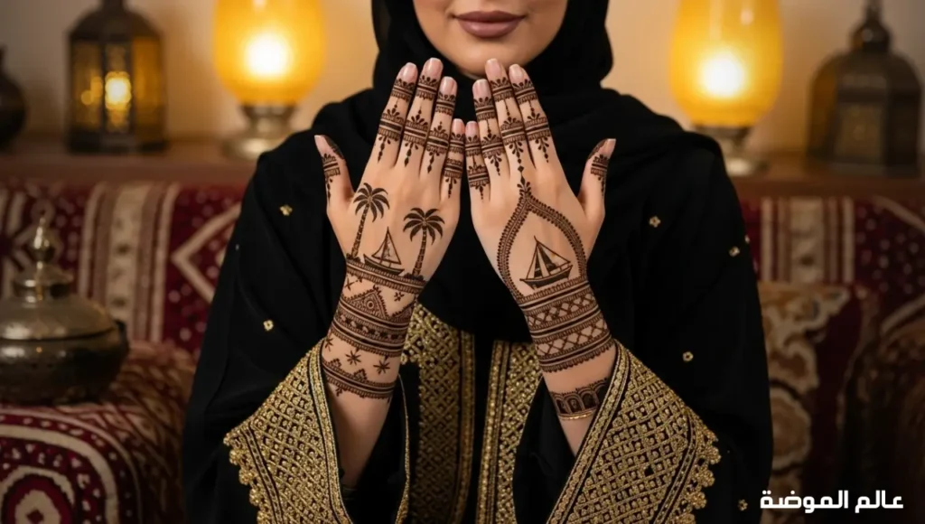 نقش حناء إماراتي تراثي مستوحى من رموز الثقافة الإماراتية امرأة إماراتية تتزين بنقوش حناء تراثية أصيلة