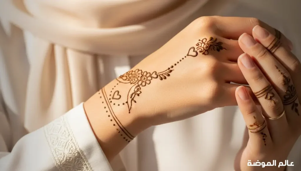 نقش حناء إماراتي خفيف يبرز الأنوثة بجمال طبيعي يد مزينة بنقش حناء إماراتي خفيف وناعم وبسيط