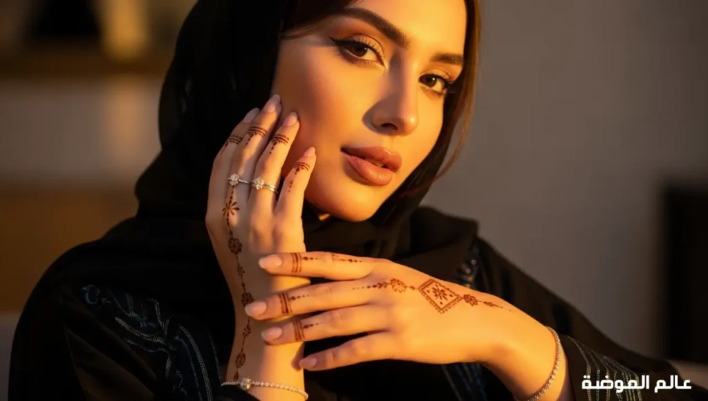 أنوثة عربية راقية مع نقش حناء خليجي ناعم وفخم امرأة خليجية أنيقة بنقش حناء ناعم على يديها