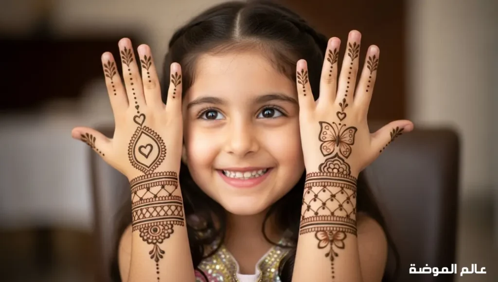 أجمل نقش حناء ناعم للبنات الصغار بأسلوب طفولي أنيق نقش حناء ناعم للبنات الصغار برسومات قلوب وفراشات