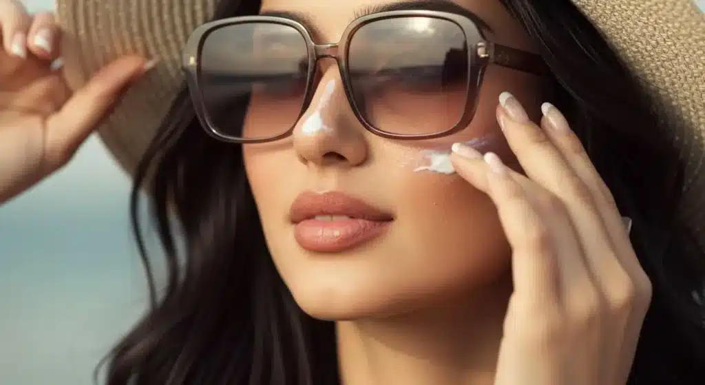 أفضل طرق حماية بشرتك من الشمس والتلوث البيئي امرأة جميلة تحمي بشرتها من العوامل الخارجية الضارة