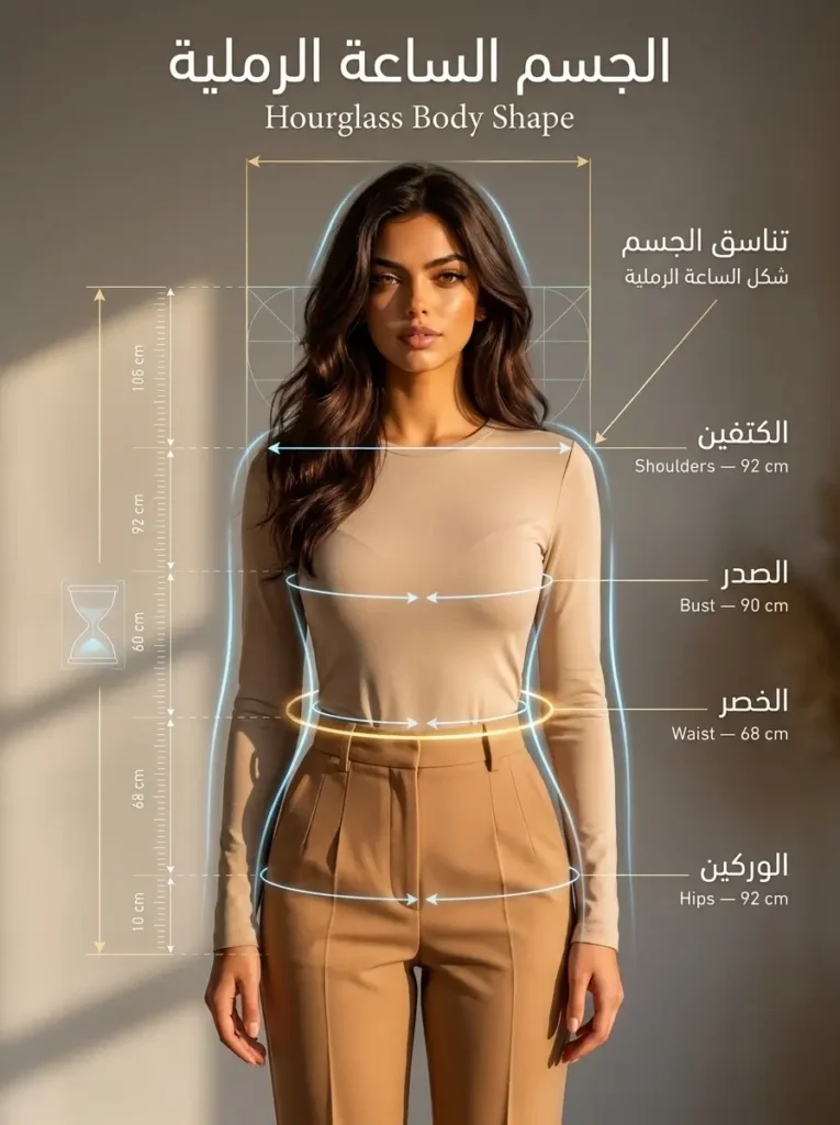 شكل الجسم الساعة الرملية بتناسق الكتفين والوركين وخصر محدد
