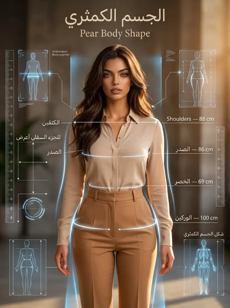 شكل الجسم الكمثري يتميز بوركين أعرض من الكتفين وخصر واضح