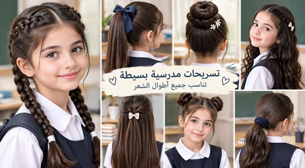 كولاج تسريحات مدرسية بسيطة للبنات بأطوال شعر مختلفة تسريحات مدرسية بسيطة للبنات تناسب أطوال الشعر المختلفة